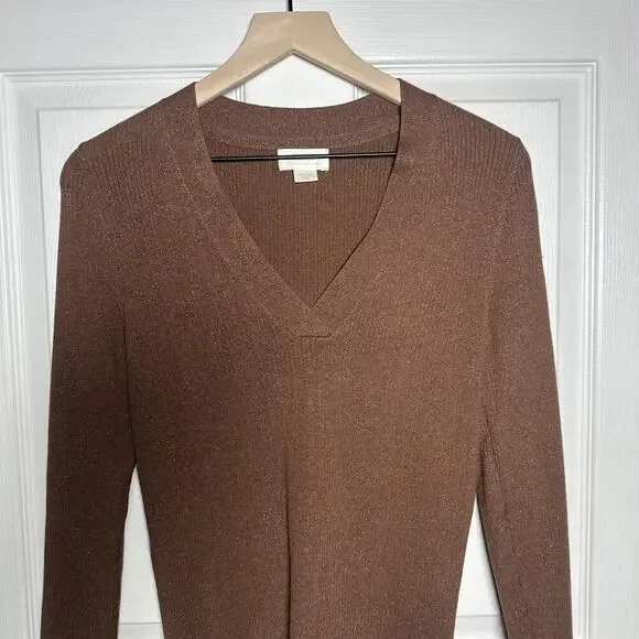 Maeve Thea Ribbed V-Neck Sweater Top Medium Honey Brown Metallic Anthropologie - Picture 4 of 9
